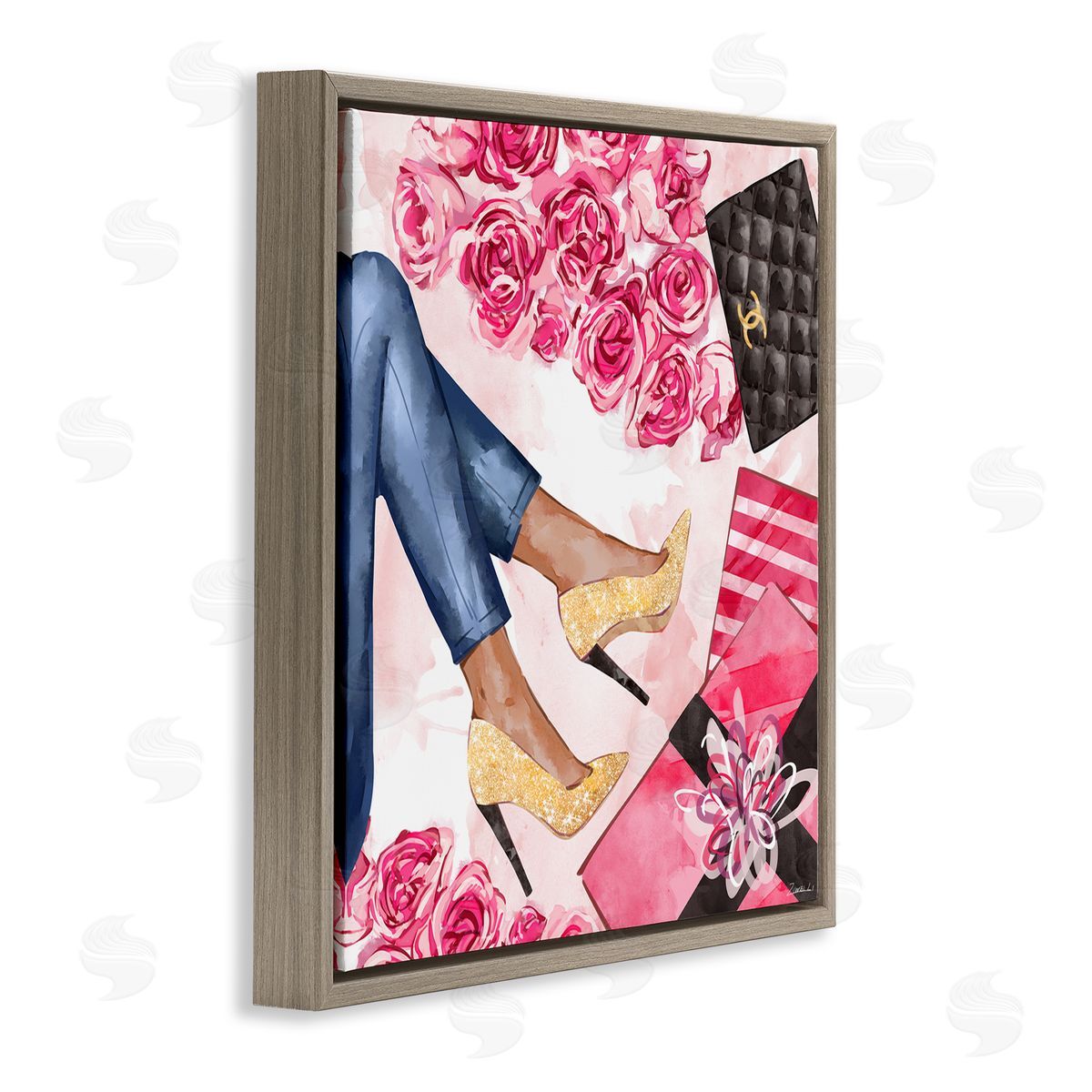 Ziwei Li Golden Sparkle Heels Wrapped Presents Pink Florals Brown Floater Frame Canvas Art