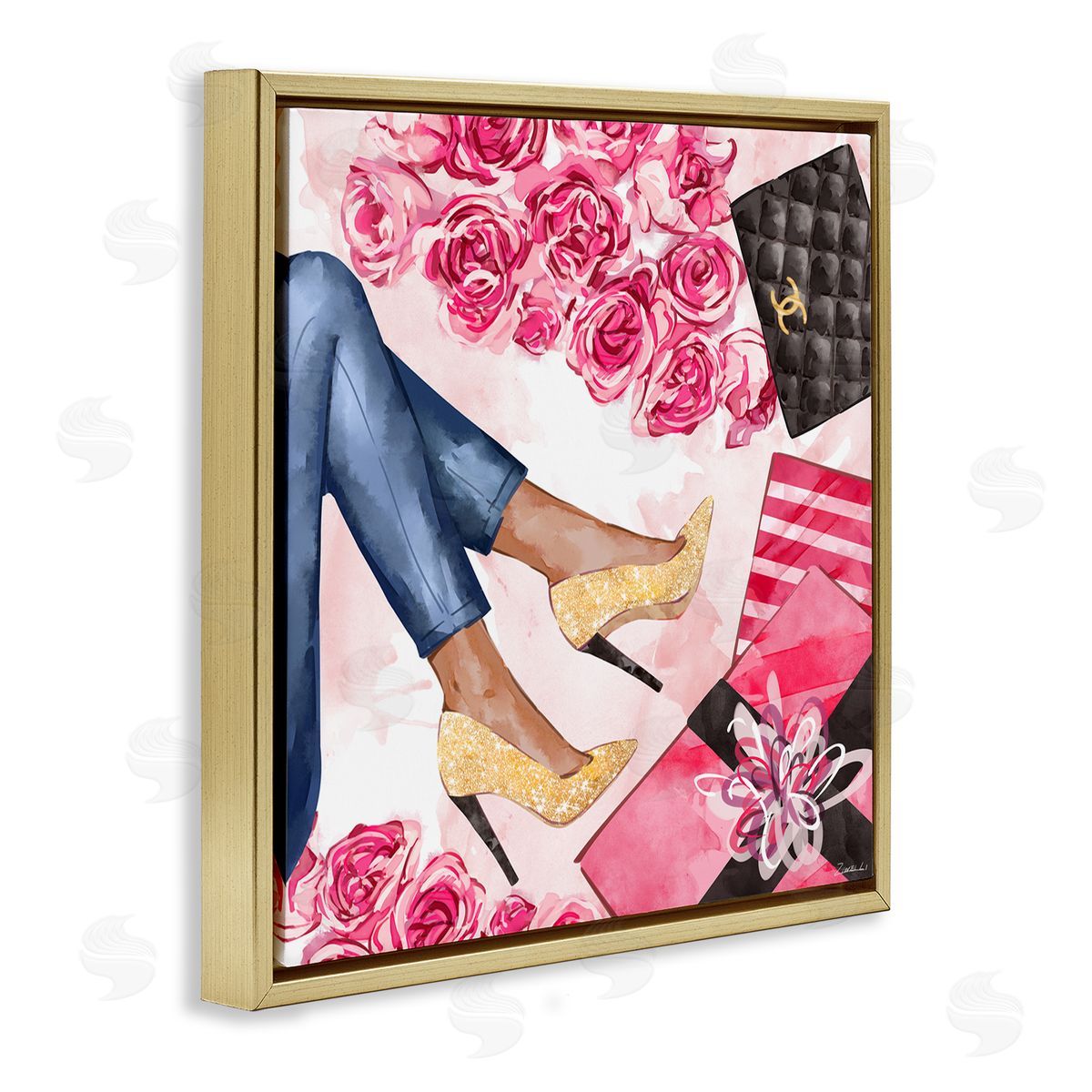Ziwei Li Golden Sparkle Heels Wrapped Presents Pink Florals Gold Floater Frame Canvas Art