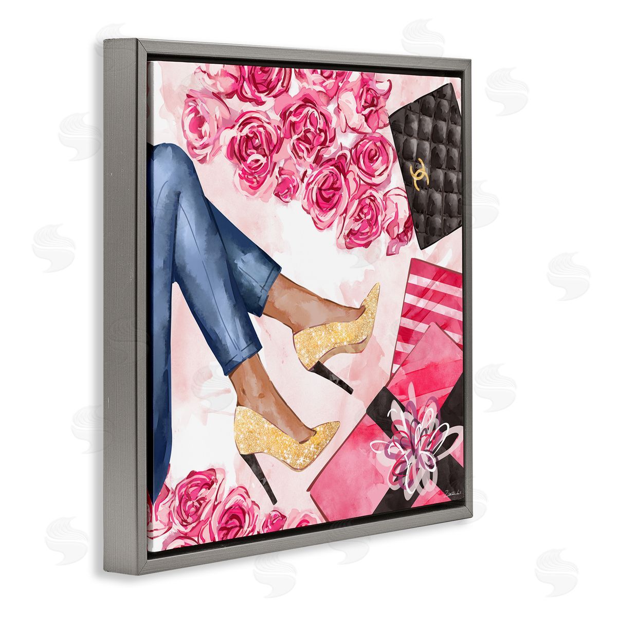 Ziwei Li Golden Sparkle Heels Wrapped Presents Pink Florals Gray Floater Frame Canvas Art