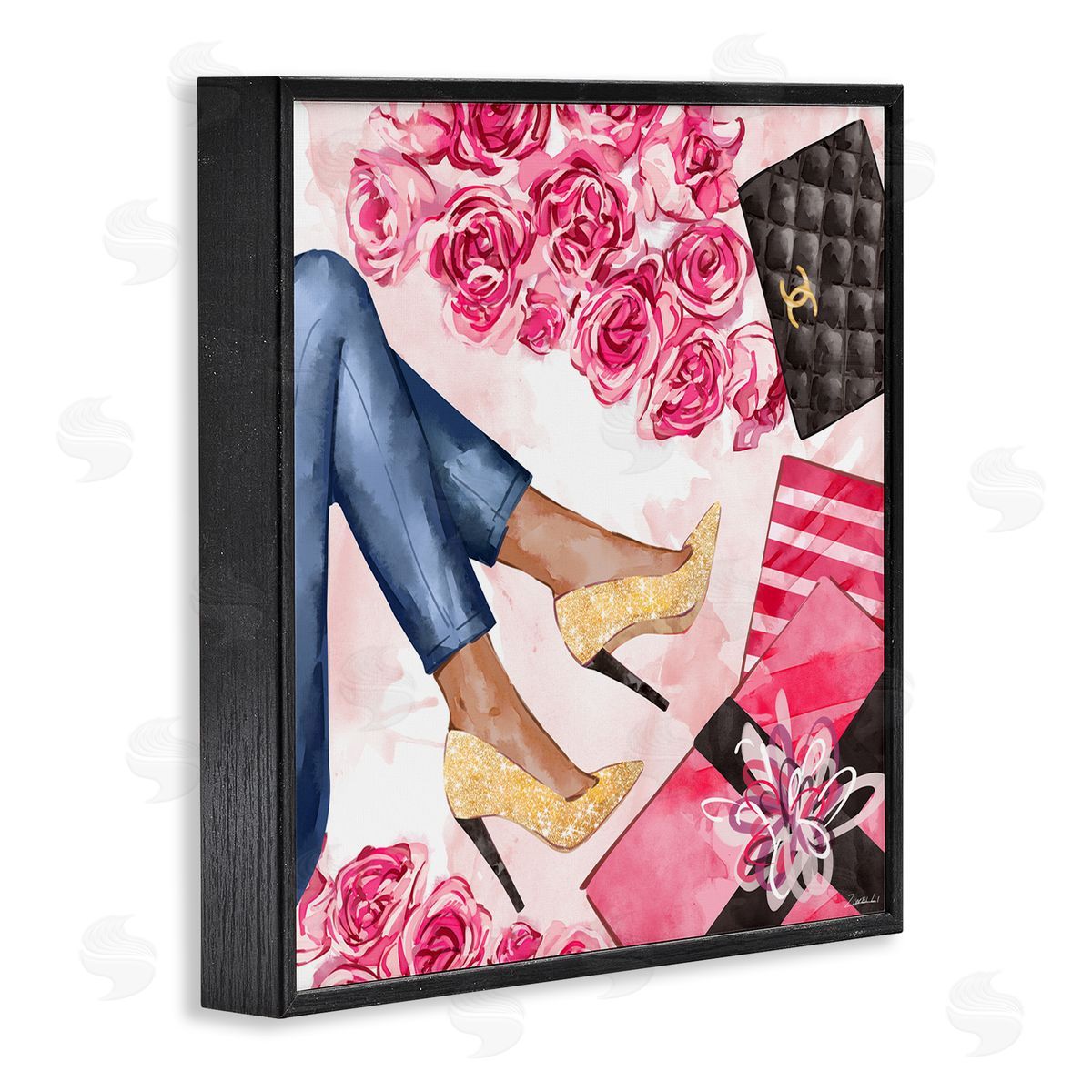 Ziwei Li Golden Sparkle Heels Wrapped Presents Pink Florals Black Framed Giclee Wall Art