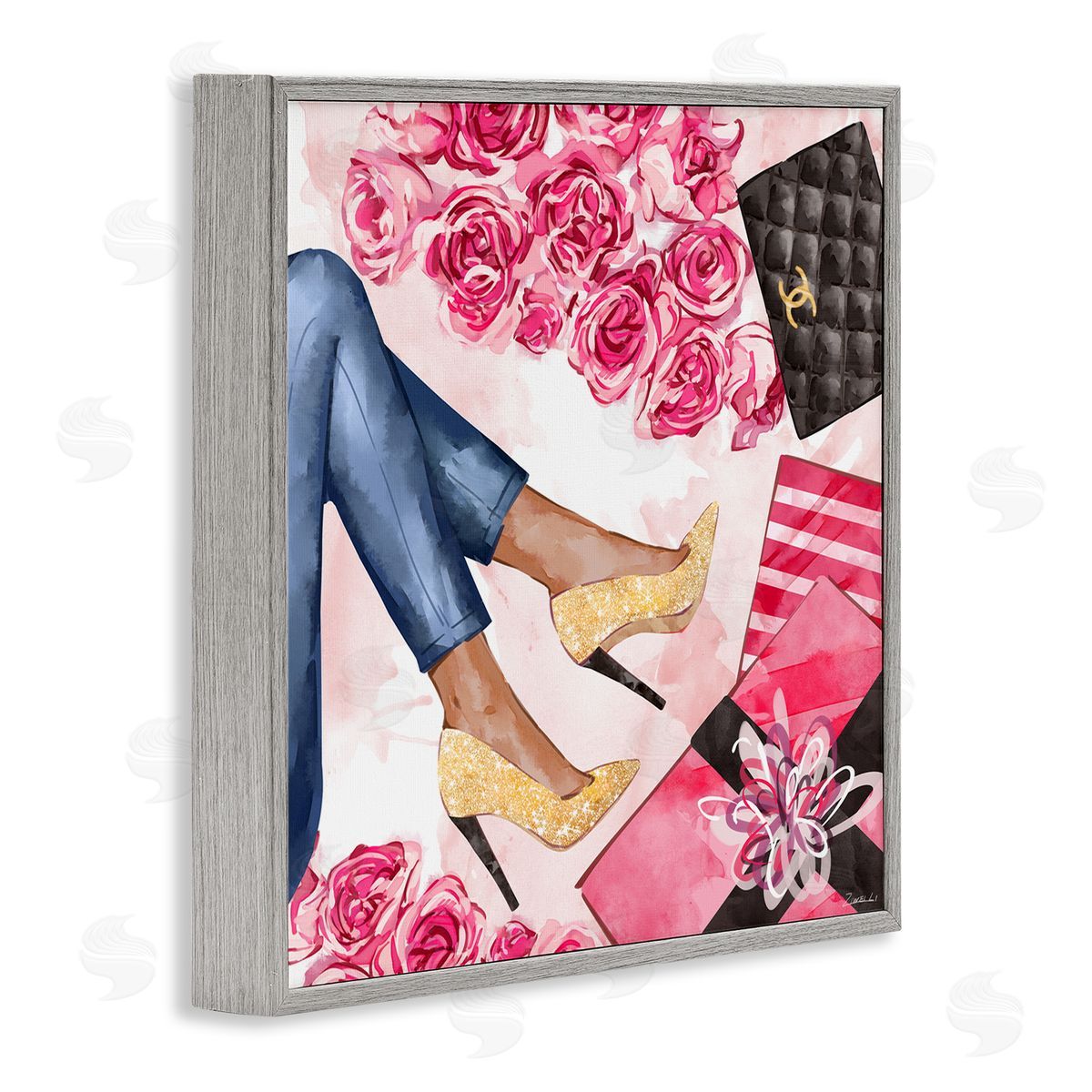 Ziwei Li Golden Sparkle Heels Wrapped Presents Pink Florals Gray Framed Giclee Wall Art