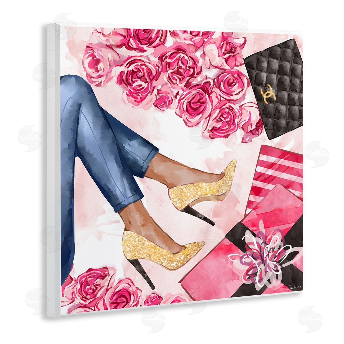 Ziwei Li Golden Sparkle Heels Wrapped Presents Pink Florals Wall Plaque Art