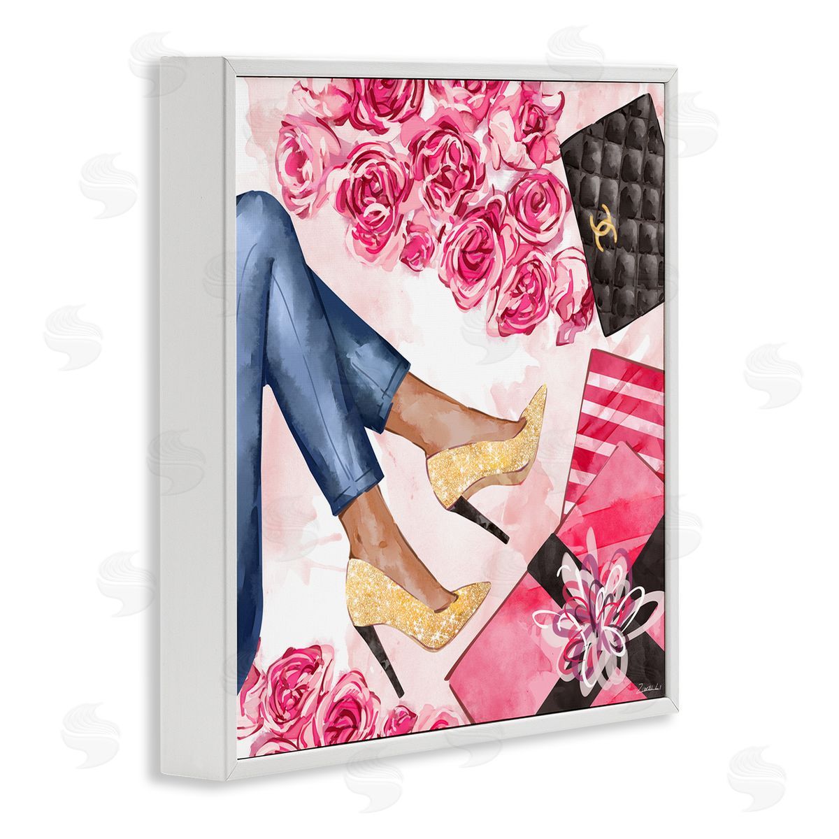 Ziwei Li Golden Sparkle Heels Wrapped Presents Pink Florals White Framed Giclee Wall Art