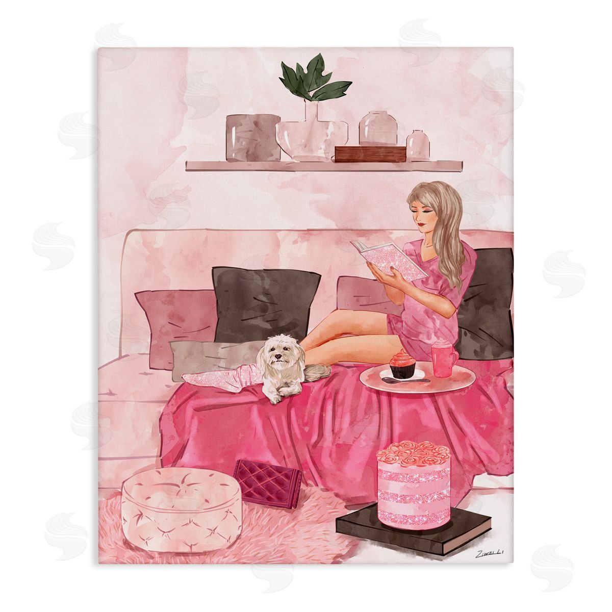 Ziwei Li Fashionista Reading with Dog Pink Room Interior Canvas Wall Art