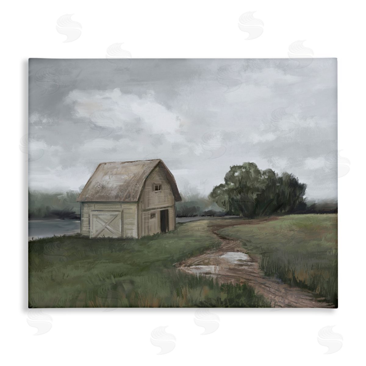 Ziwei Li Cloudy Barn Side Landscape Darkened Meadow  Canvas Wall Art