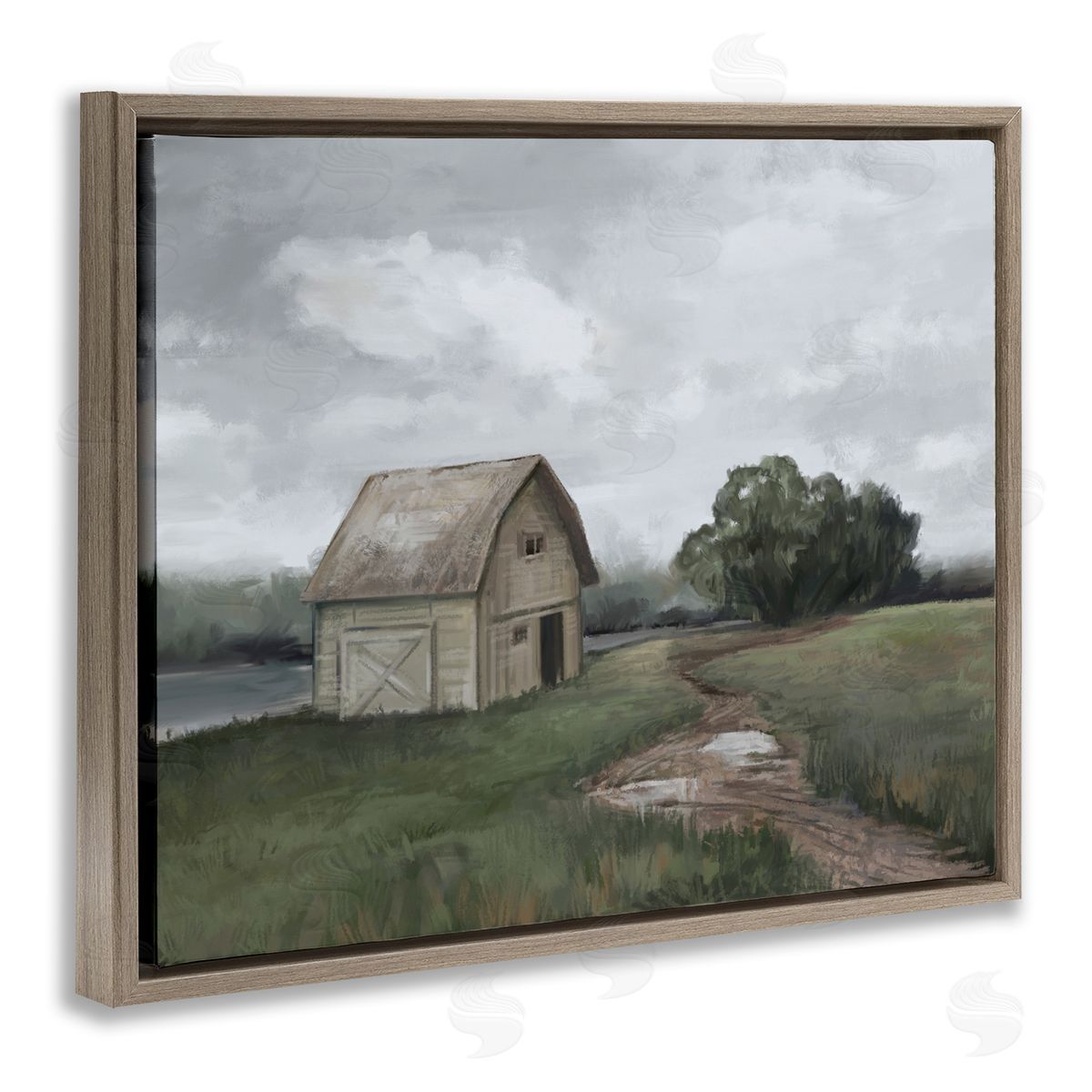 Ziwei Li Cloudy Barn Side Landscape Darkened Meadow  Brown Floater Frame Canvas Art