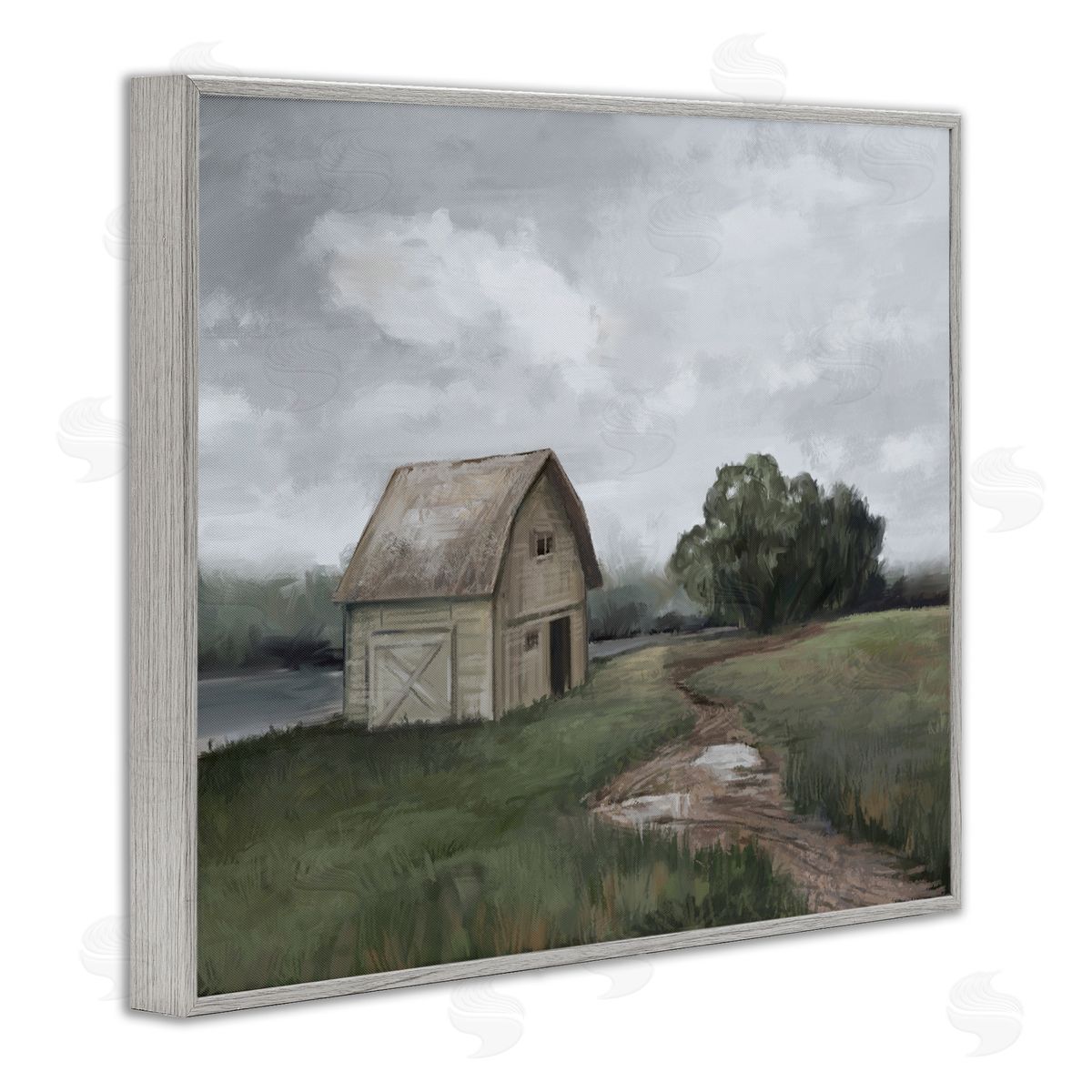 Ziwei Li Cloudy Barn Side Landscape Darkened Meadow  Gray Framed Giclee Wall Art