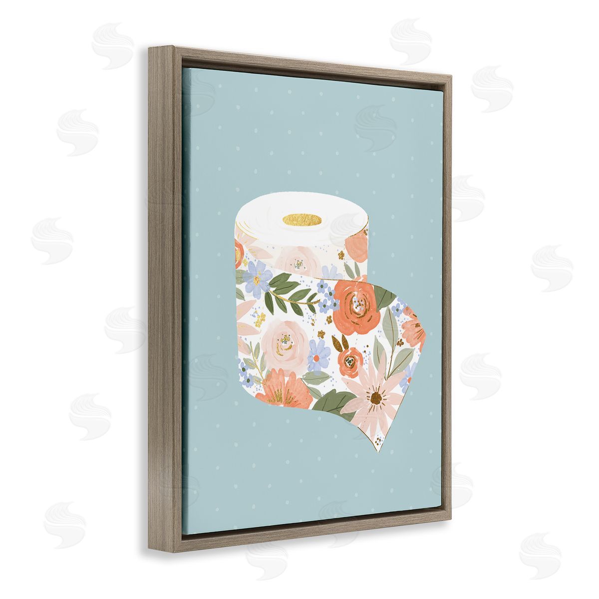 Loni Harris Spring Floral Print Toilet Paper over Blue Brown Floater Frame Canvas Art