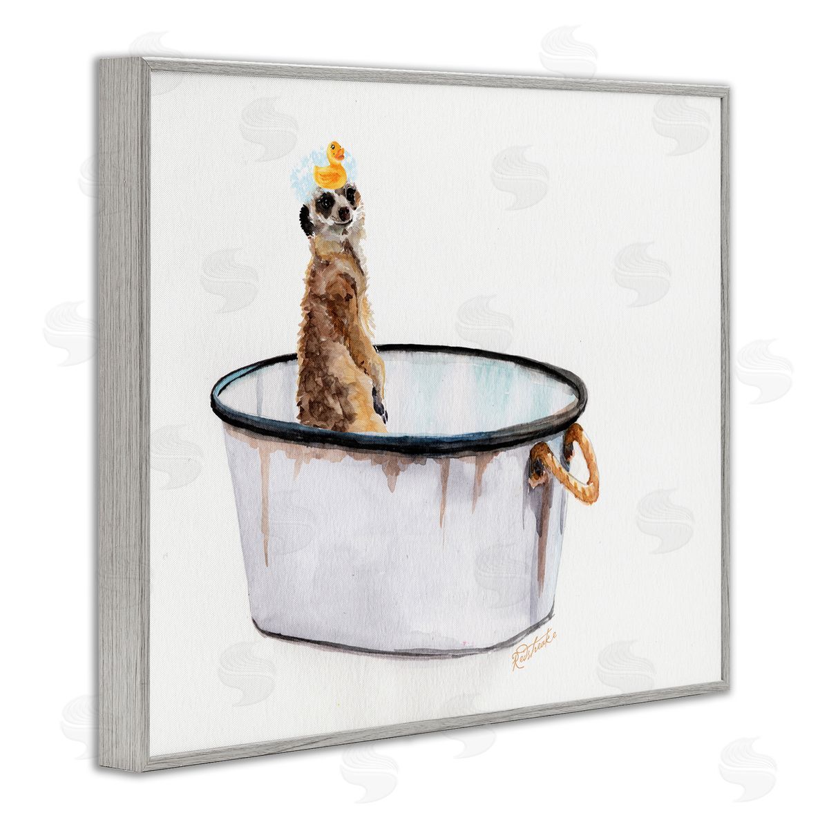 Jennifer Redstreake Meerkat Bubble Bath Vintage White Tin Tub Gray Framed Giclee Wall Art