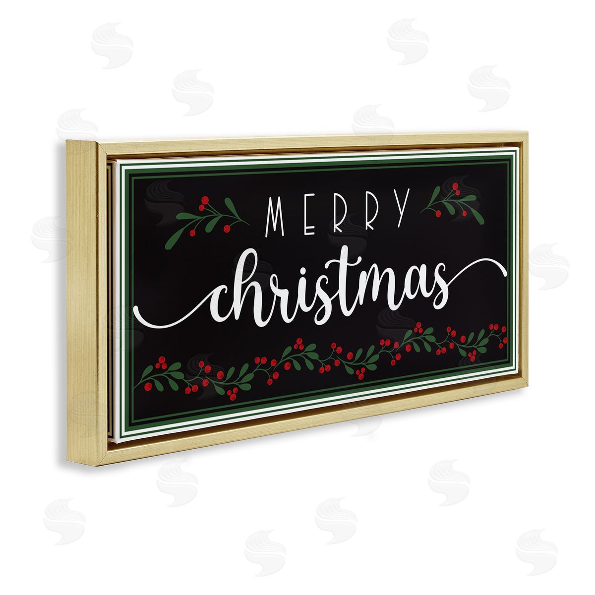 AE Design Merry Christmas Phrase over Black Festive Holly Gold Floater Frame Canvas Art