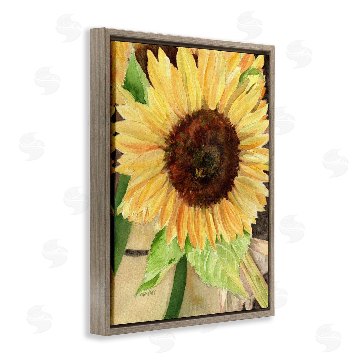 Melissa Hyatt Summer Sunflower with Yellow Honey Bee Detail Brown Floater Frame Canvas Art