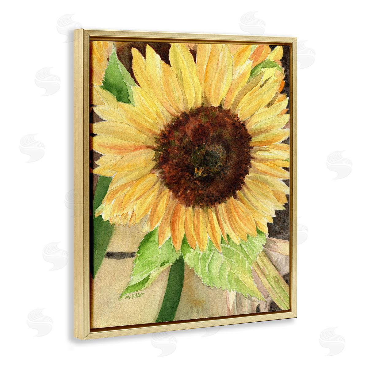 Melissa Hyatt Summer Sunflower with Yellow Honey Bee Detail Gold Floater Frame Canvas Art