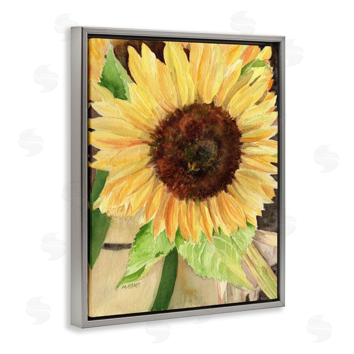 Melissa Hyatt Summer Sunflower with Yellow Honey Bee Detail Gray Floater Frame Canvas Art