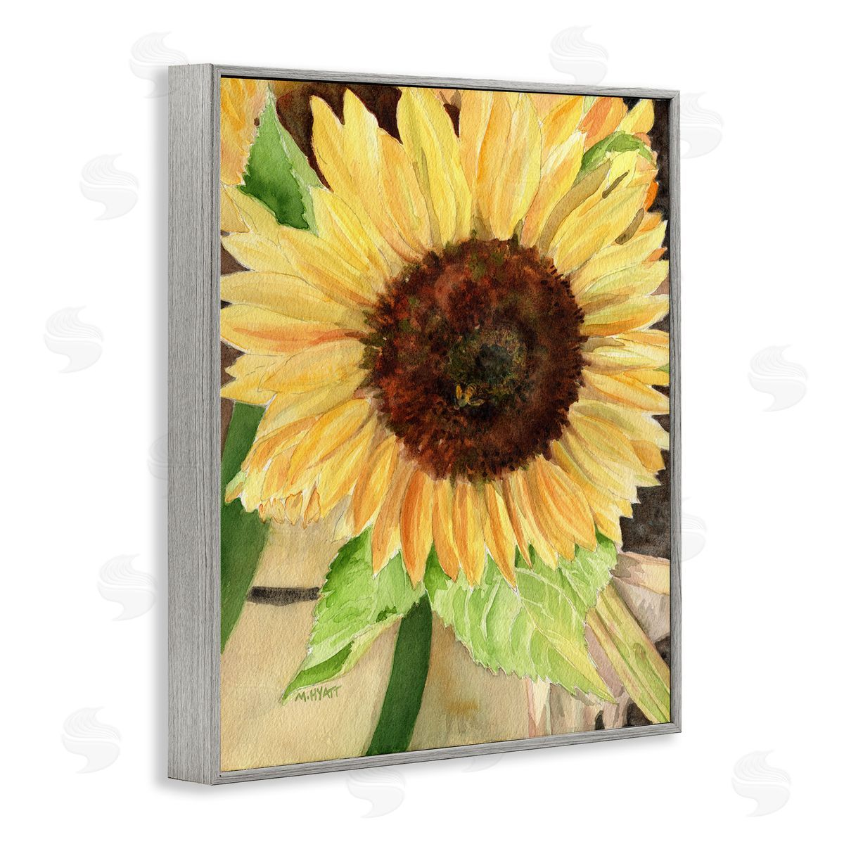 Melissa Hyatt Summer Sunflower with Yellow Honey Bee Detail Gray Framed Giclee Wall Art