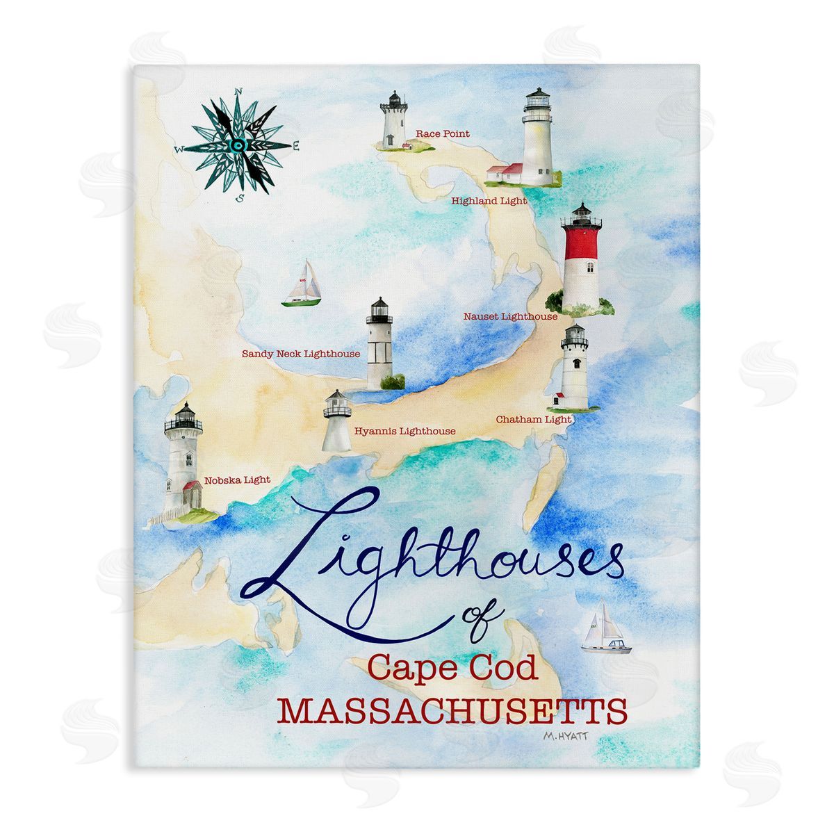 Melissa Hyatt Coastal Map of Cape Cod Massachusetts Lighthouses Canvas Wall Art