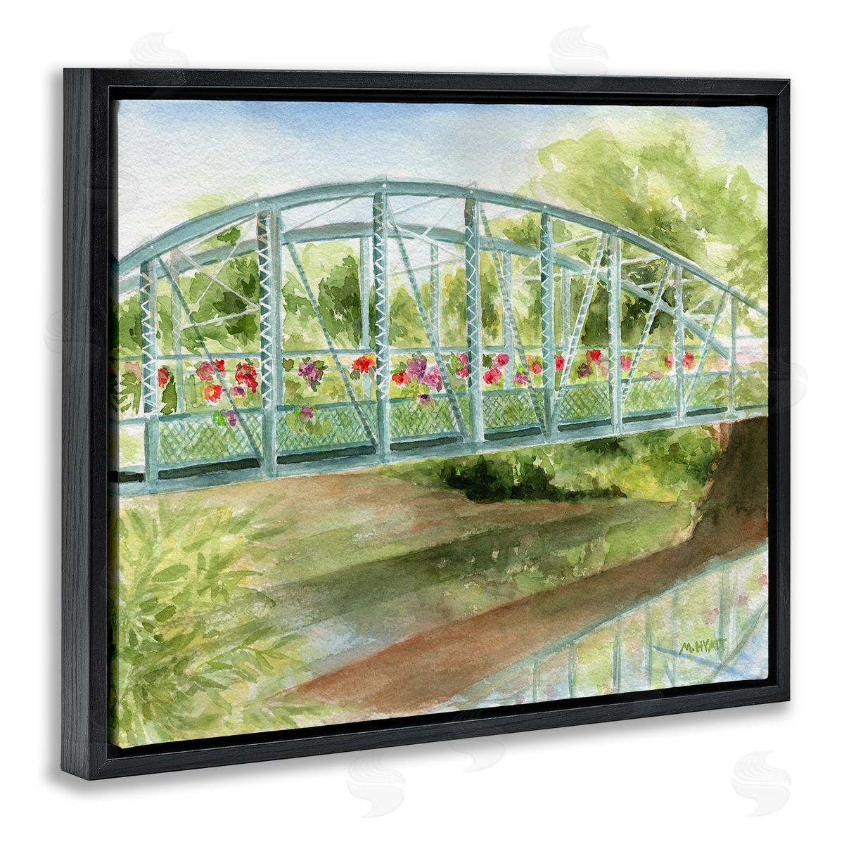 Melissa Hyatt Floral Road Bridge over Countryside Creek  Black Floater Frame Canvas Art