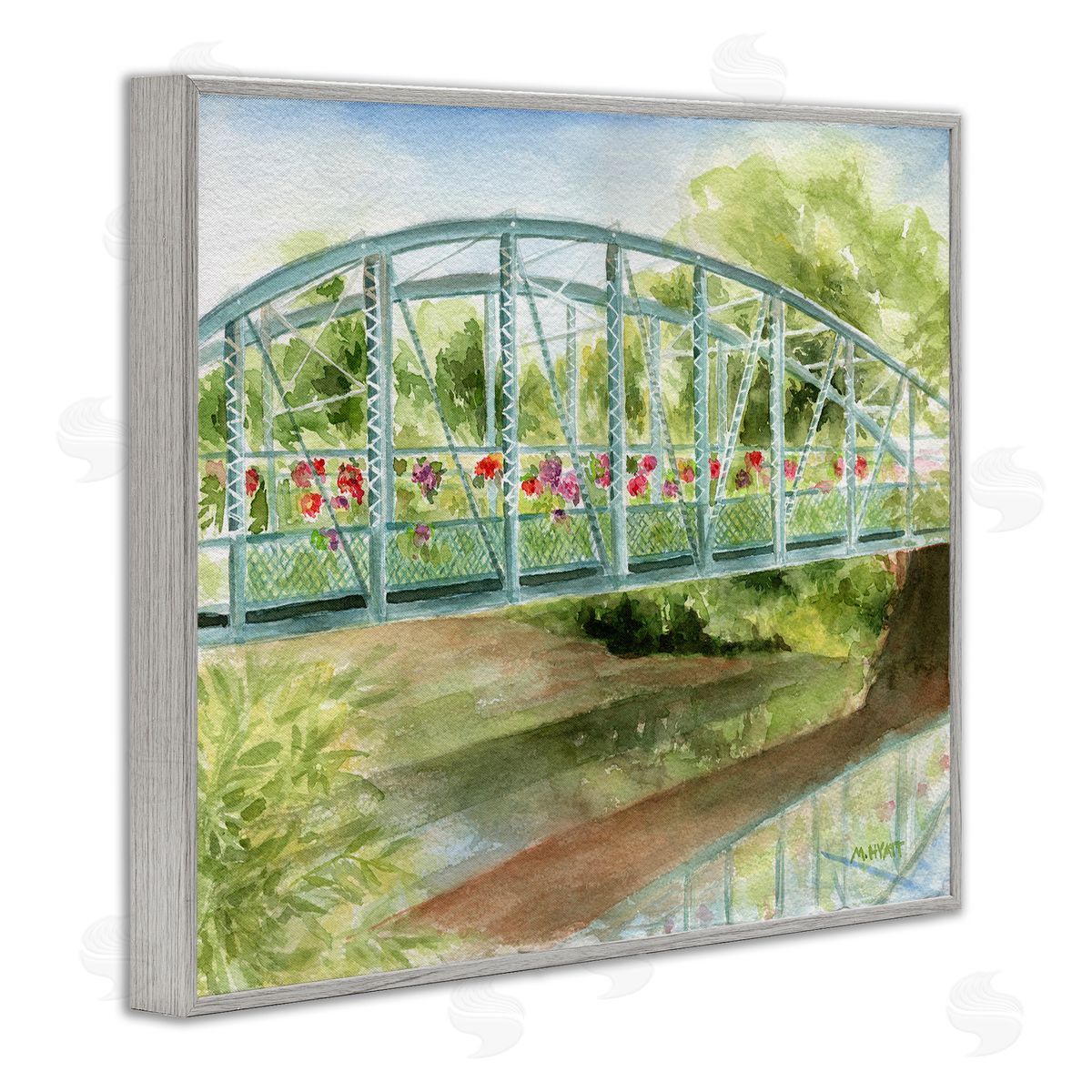 Melissa Hyatt Floral Road Bridge over Countryside Creek  Gray Framed Giclee Wall Art