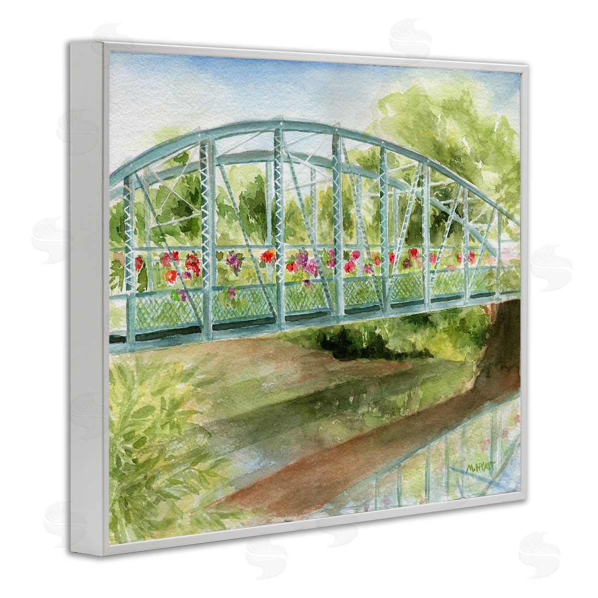 Melissa Hyatt Floral Road Bridge over Countryside Creek  White Framed Giclee Wall Art