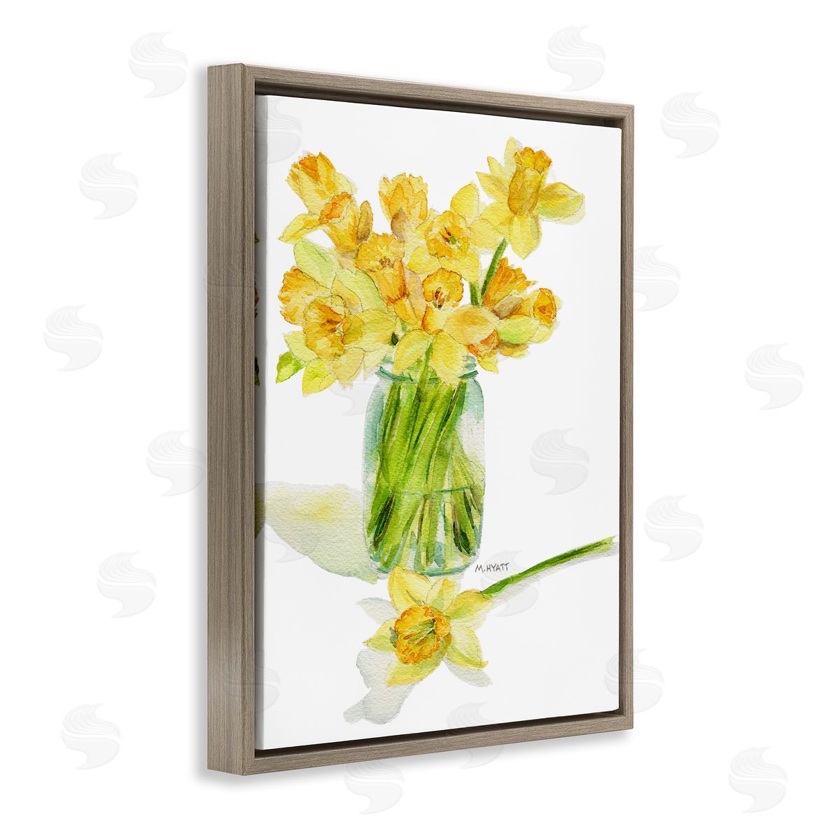 Melissa Hyatt Yellow Daffodil Bouquet in Canning Jar Brown Floater Frame Canvas Art