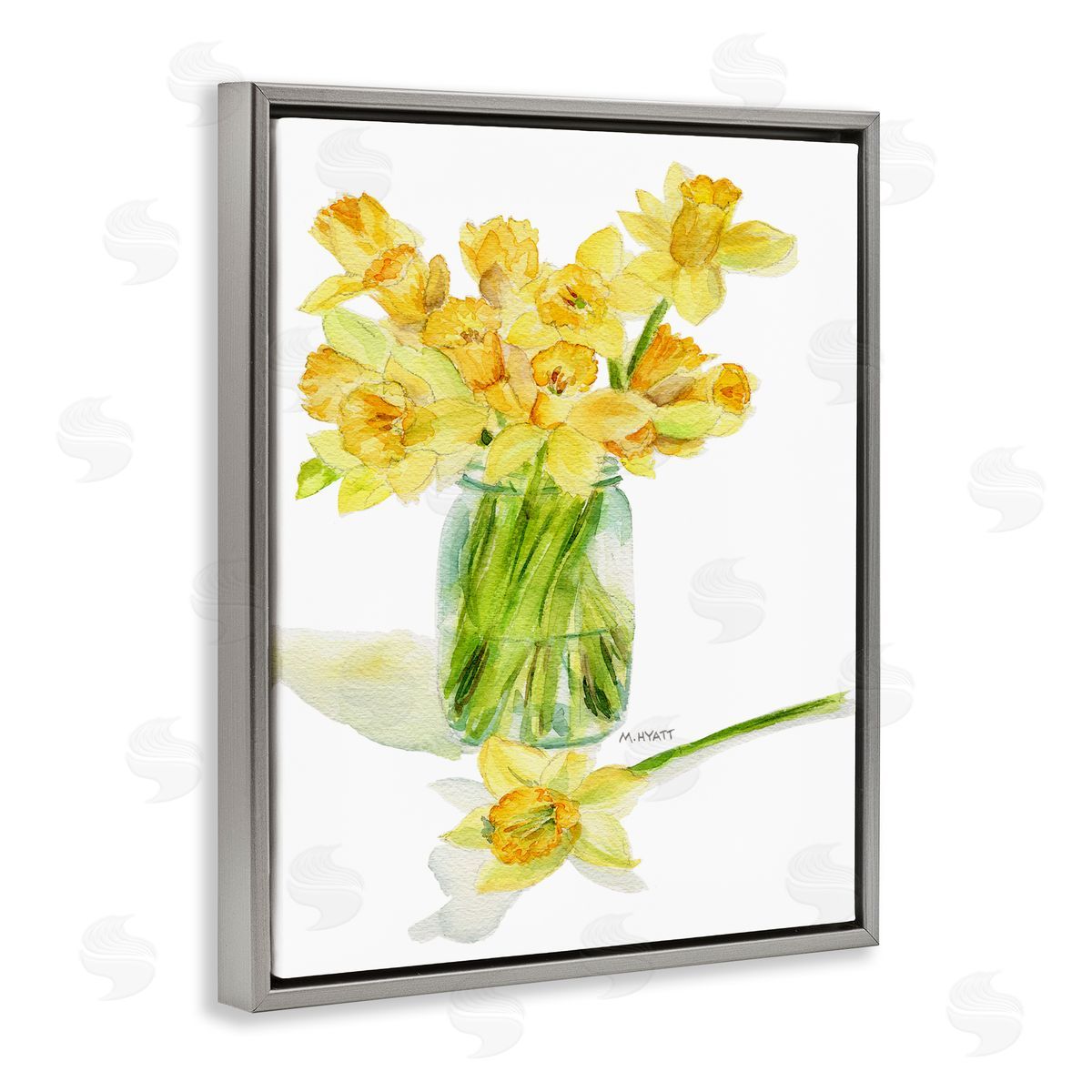 Melissa Hyatt Yellow Daffodil Bouquet in Canning Jar Gray Floater Frame Canvas Art