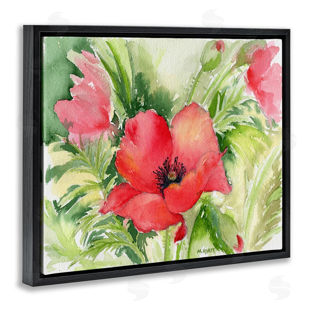 Melissa Hyatt Red Poppies Surrounded by Soft Greenery  Black Floater Frame Canvas Art