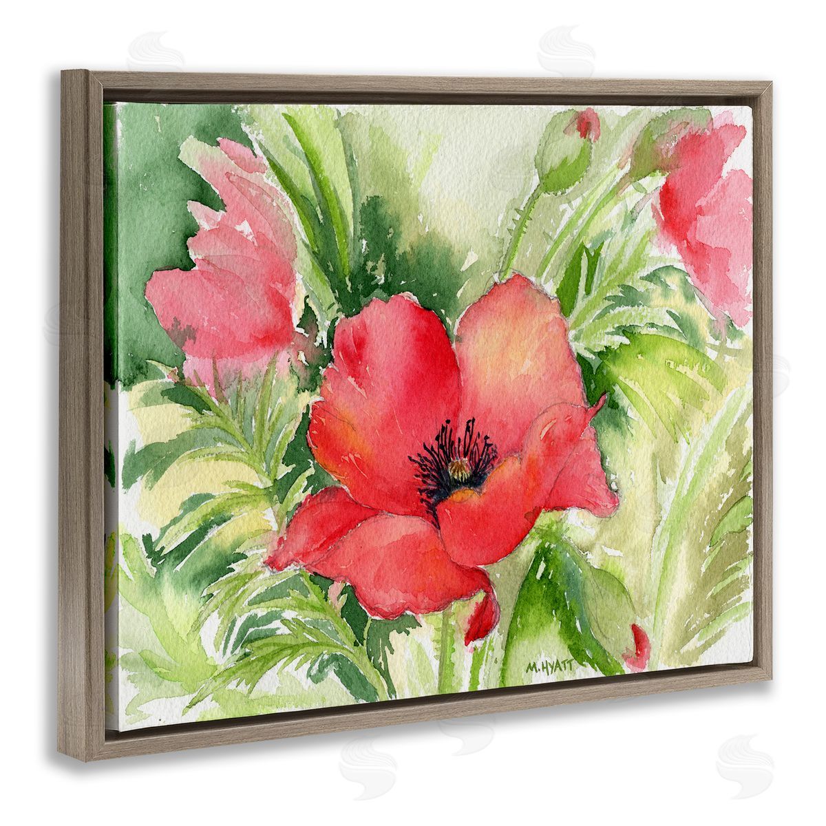 Melissa Hyatt Red Poppies Surrounded by Soft Greenery  Brown Floater Frame Canvas Art