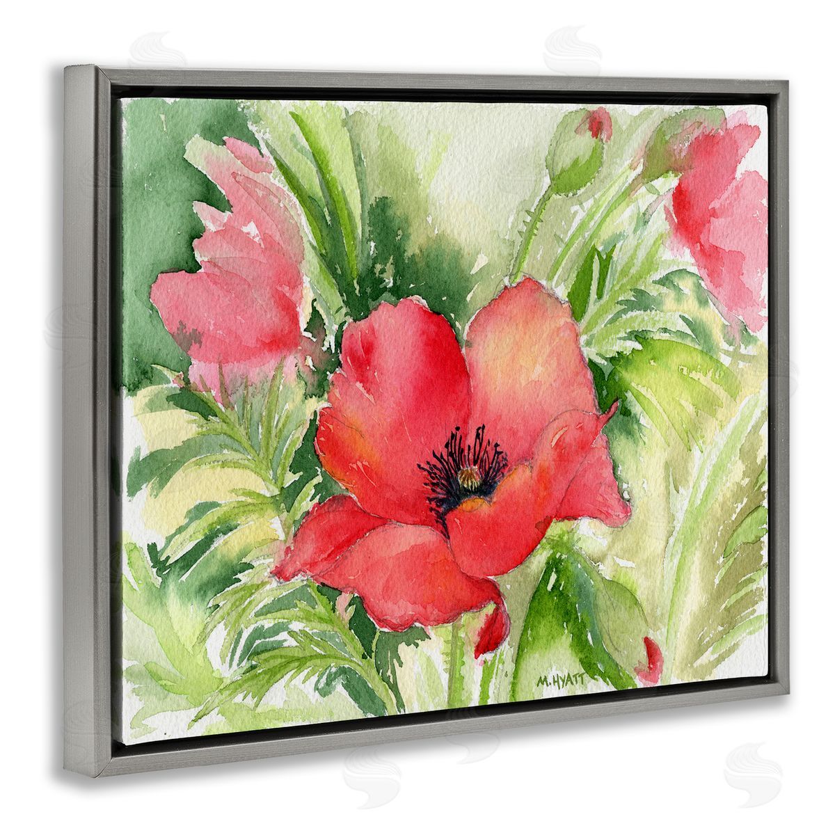 Melissa Hyatt Red Poppies Surrounded by Soft Greenery  Gray Floater Frame Canvas Art