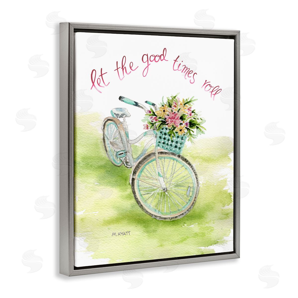 Melissa Hyatt Let Good Times Roll Phrase Blue Floral Bike Gray Floater Frame Canvas Art