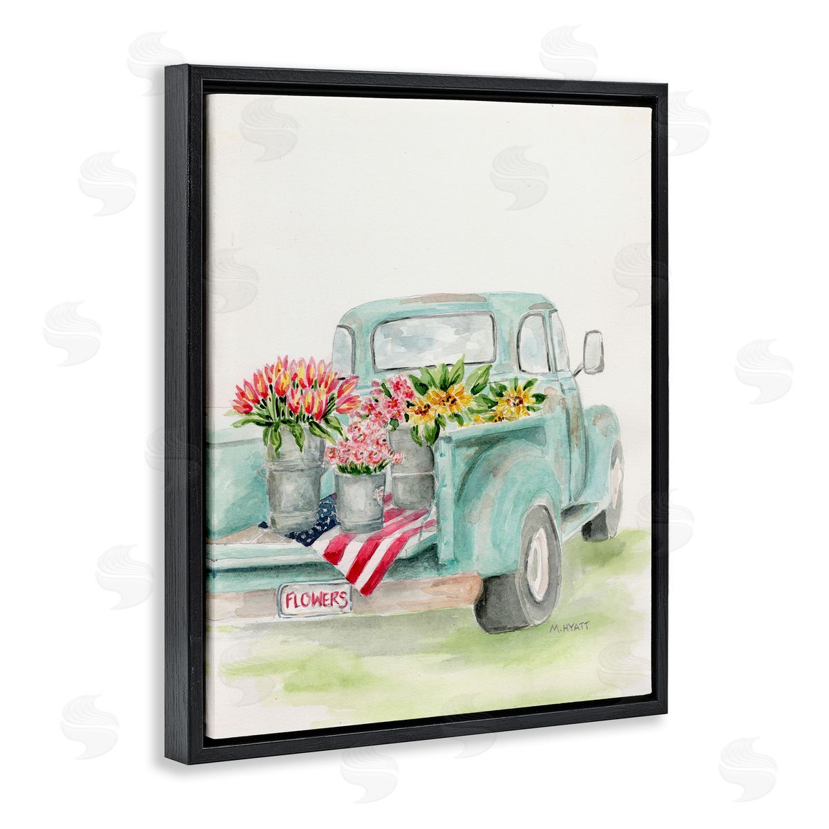 Melissa Hyatt Vintage Blue Pick-Up Truck Floral Farm Bouquets Black Floater Frame Canvas Art