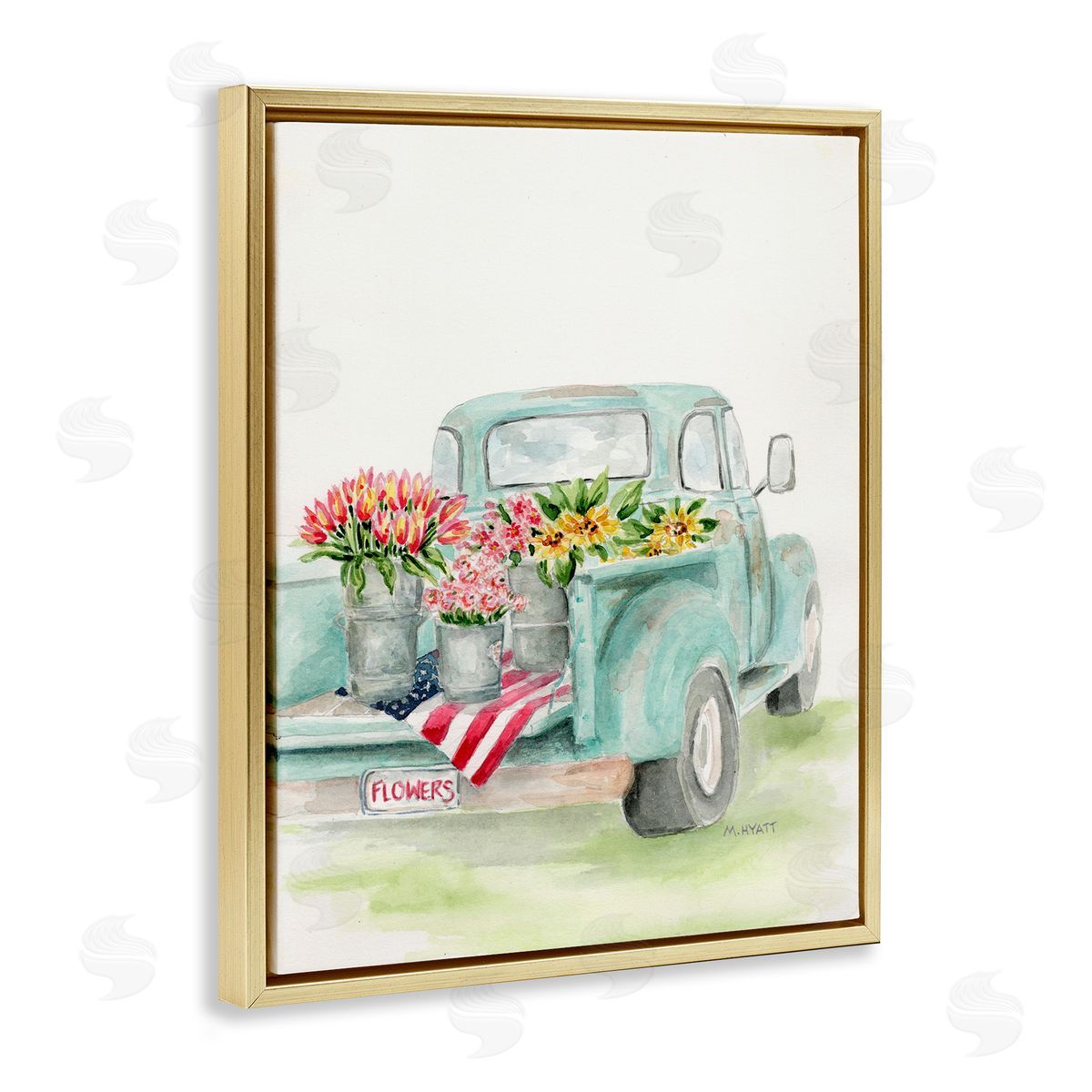Melissa Hyatt Vintage Blue Pick-Up Truck Floral Farm Bouquets Gold Floater Frame Canvas Art