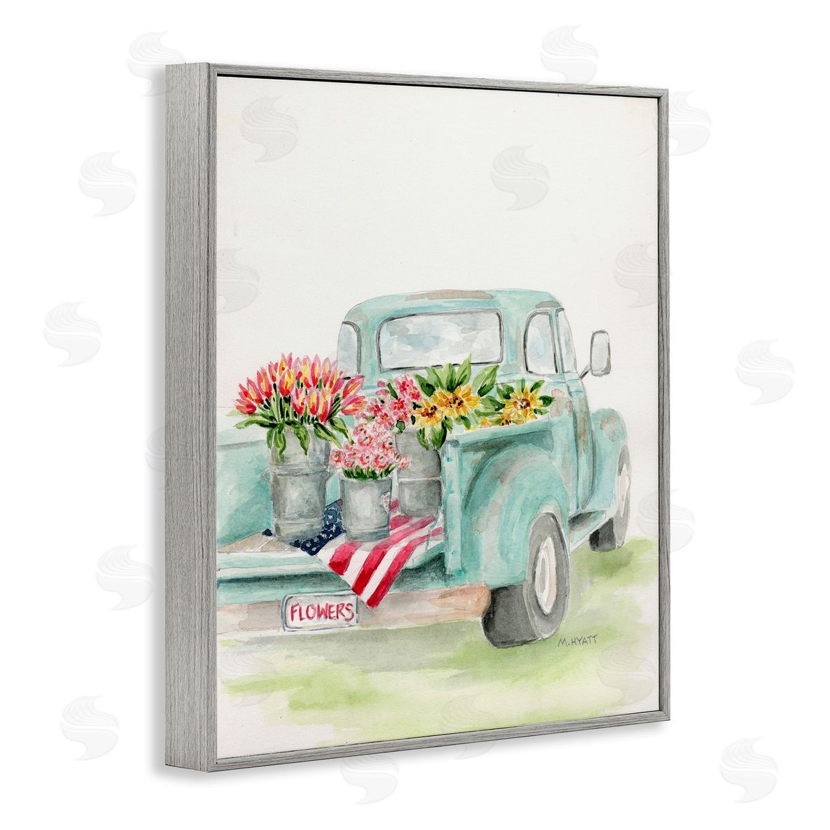 Melissa Hyatt Vintage Blue Pick-Up Truck Floral Farm Bouquets Gray Framed Giclee Wall Art