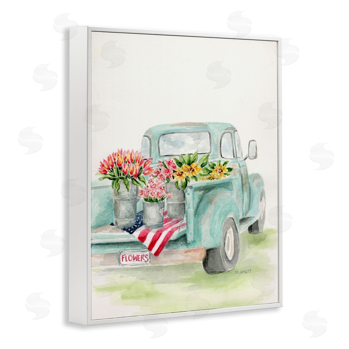 Melissa Hyatt Vintage Blue Pick-Up Truck Floral Farm Bouquets White Framed Giclee Wall Art
