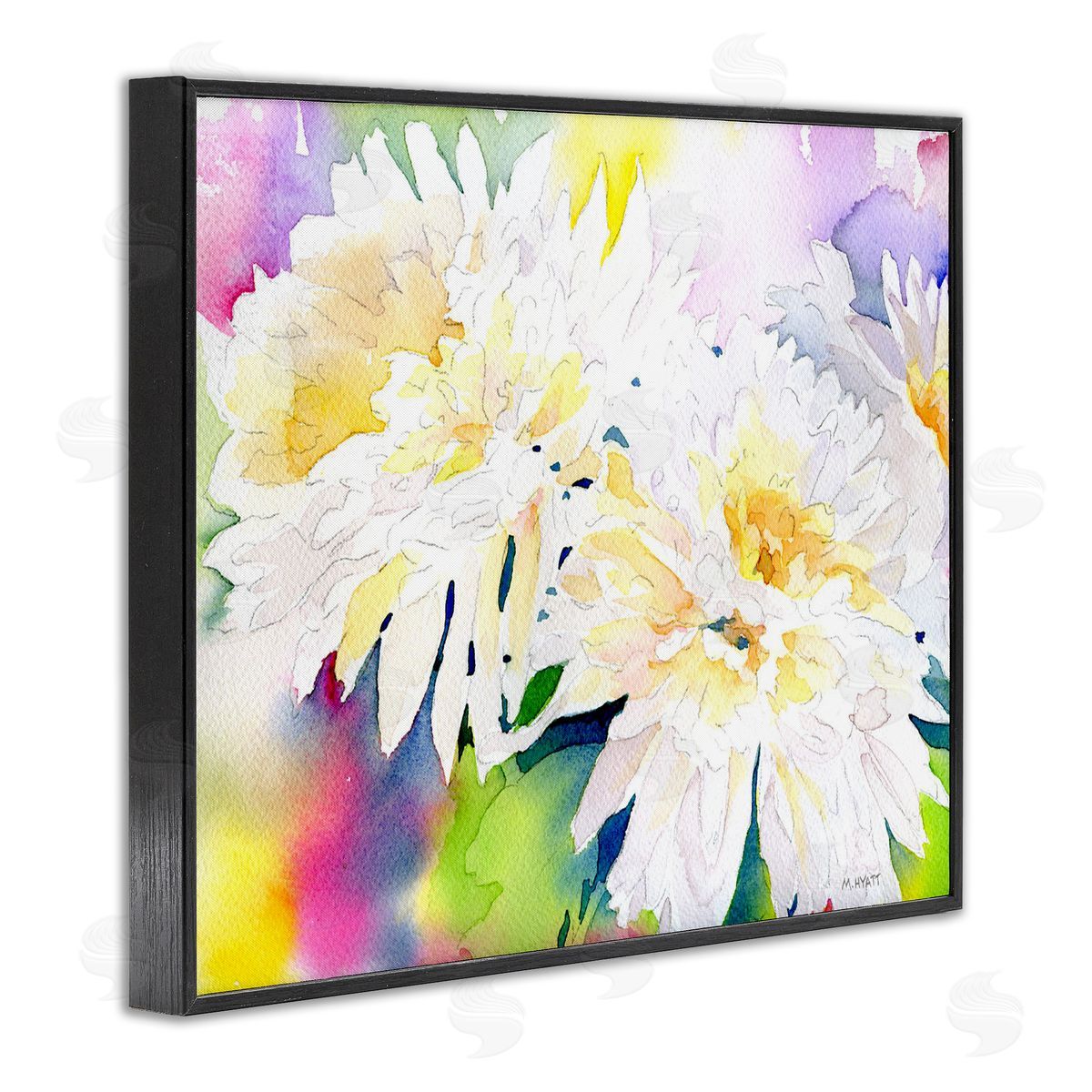 Melissa Hyatt White Mum Florals over Rainbow Watercolor Black Framed Giclee Wall Art