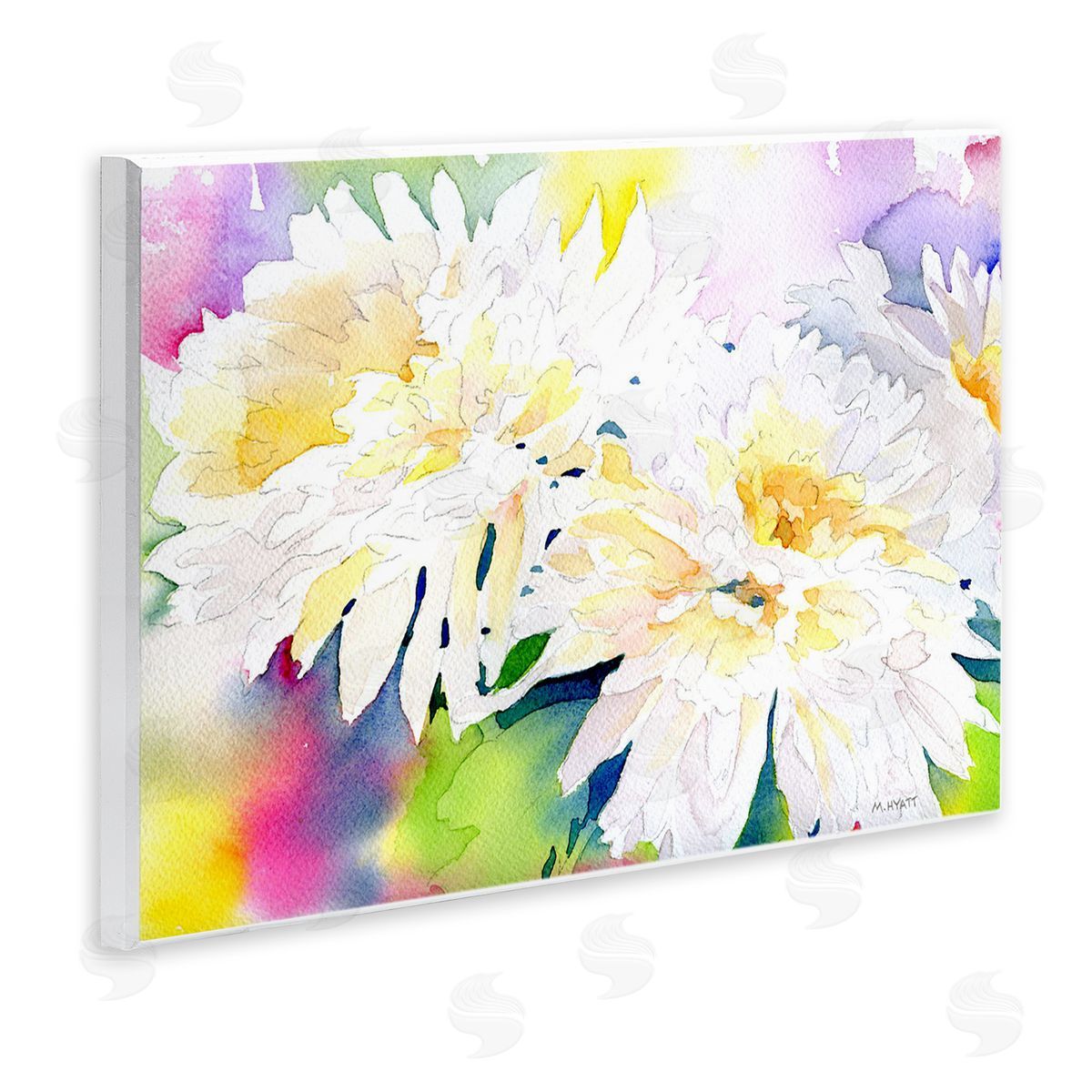 Melissa Hyatt White Mum Florals over Rainbow Watercolor Wall Plaque Art