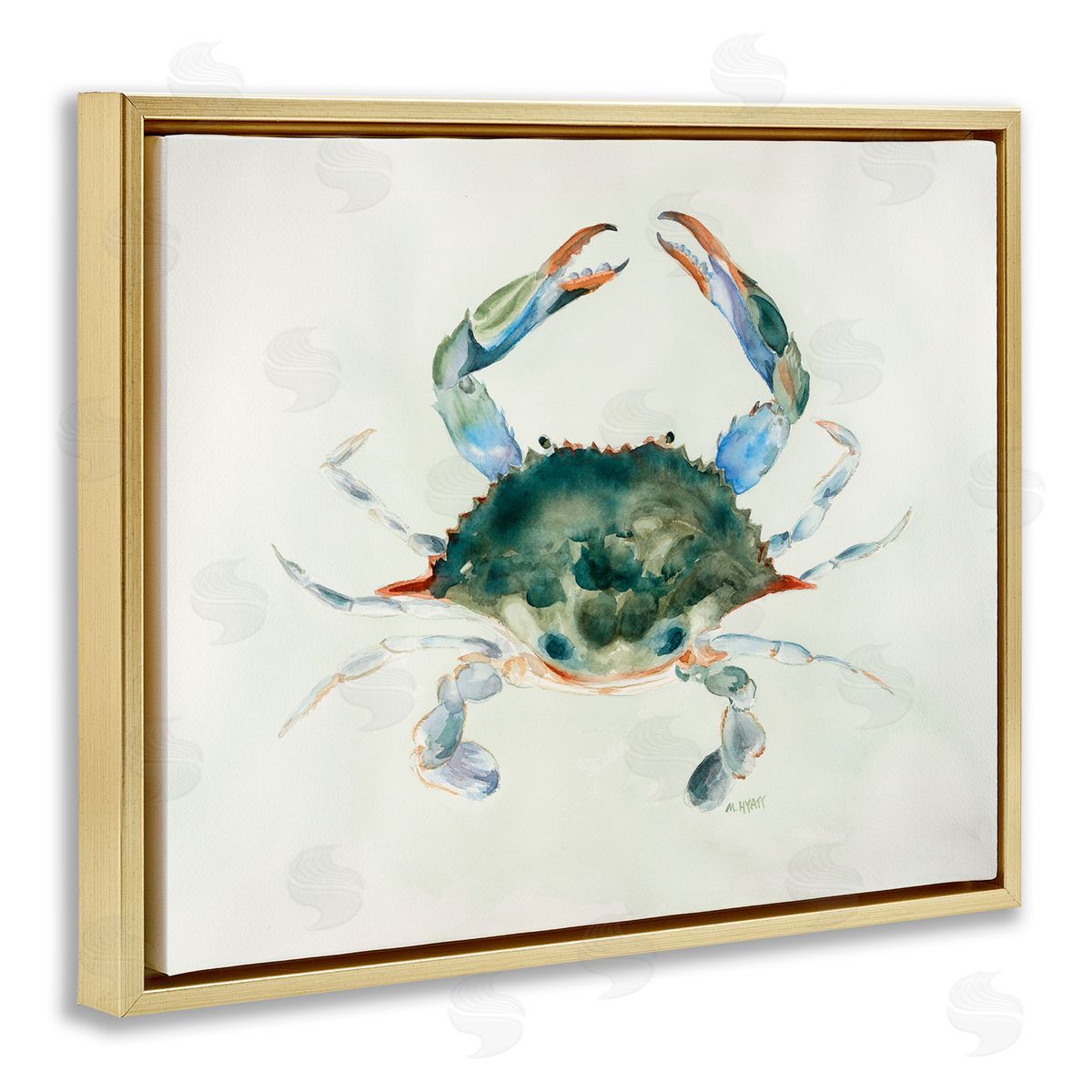 Melissa Hyatt Blue Sea Crab Over Beige Soft Watercolors Gold Floater Frame Canvas Art