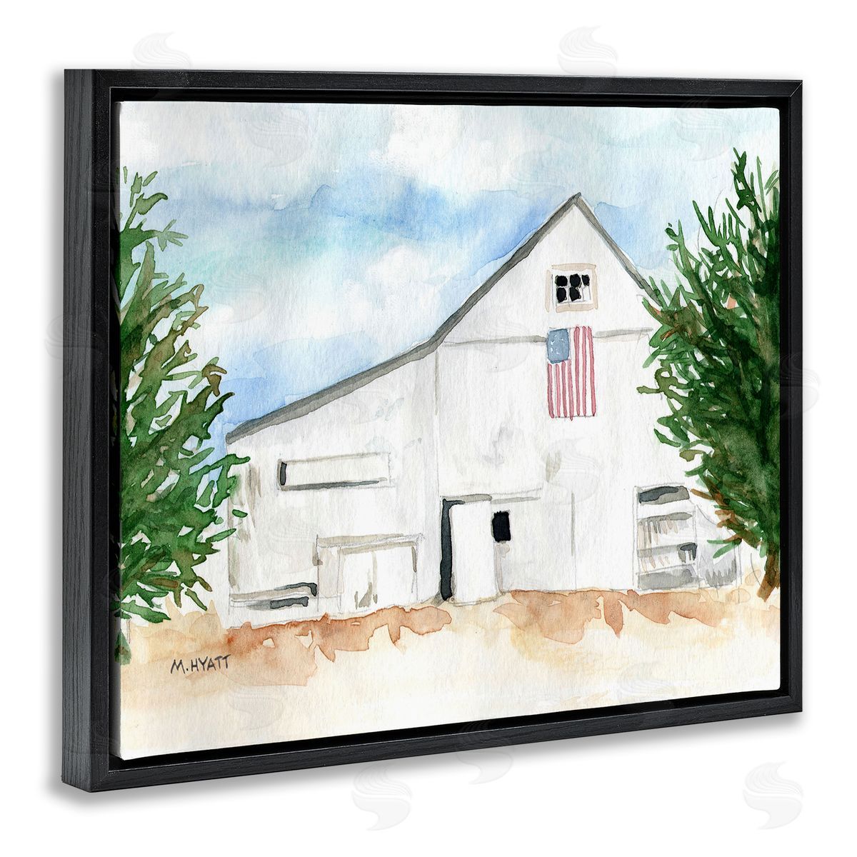 Melissa Hyatt American Barn Side Soft Blue Brown Watercolor Black Floater Frame Canvas Art