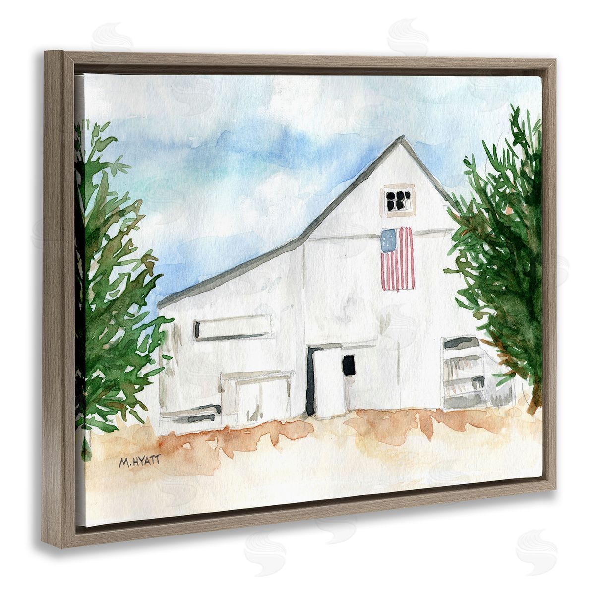 Melissa Hyatt American Barn Side Soft Blue Brown Watercolor Brown Floater Frame Canvas Art