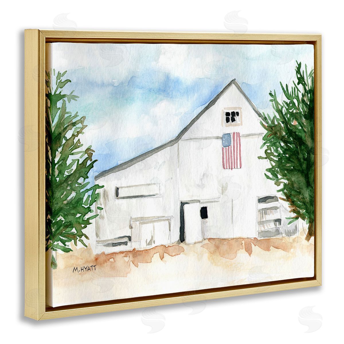 Melissa Hyatt American Barn Side Soft Blue Brown Watercolor Gold Floater Frame Canvas Art
