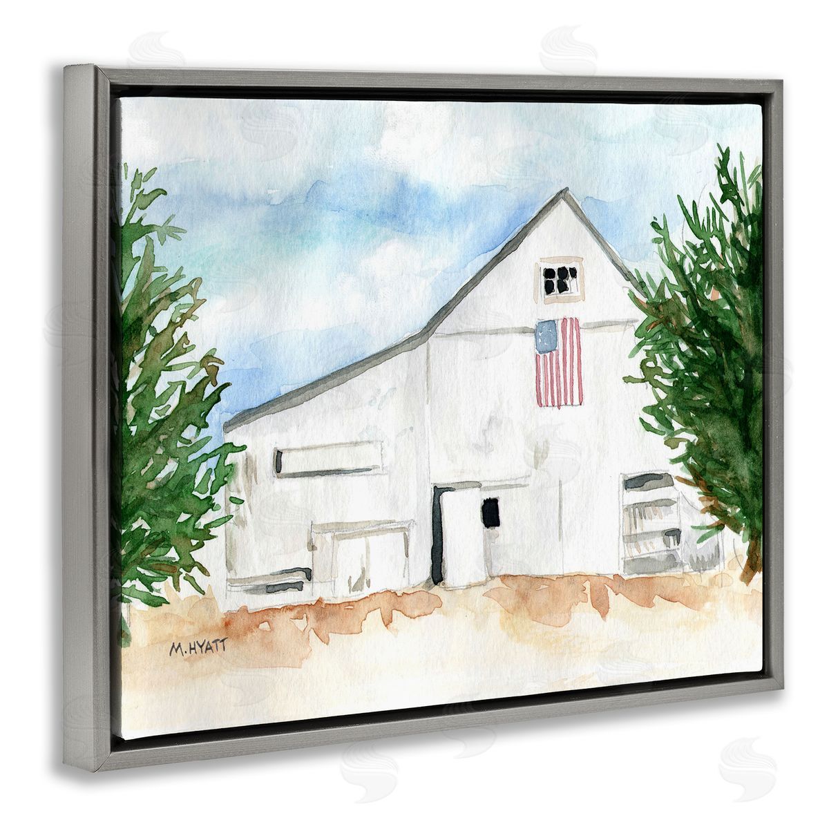 Melissa Hyatt American Barn Side Soft Blue Brown Watercolor Gray Floater Frame Canvas Art