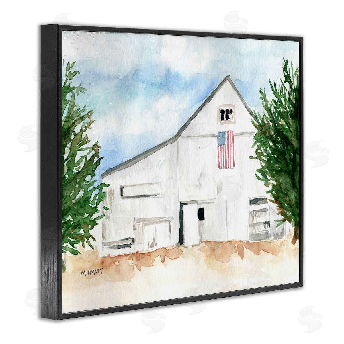 Melissa Hyatt American Barn Side Soft Blue Brown Watercolor Black Framed Giclee Wall Art