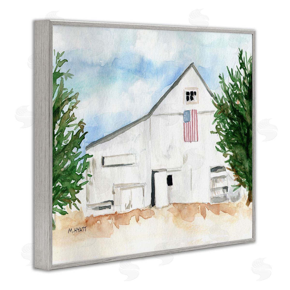 Melissa Hyatt American Barn Side Soft Blue Brown Watercolor Gray Framed Giclee Wall Art