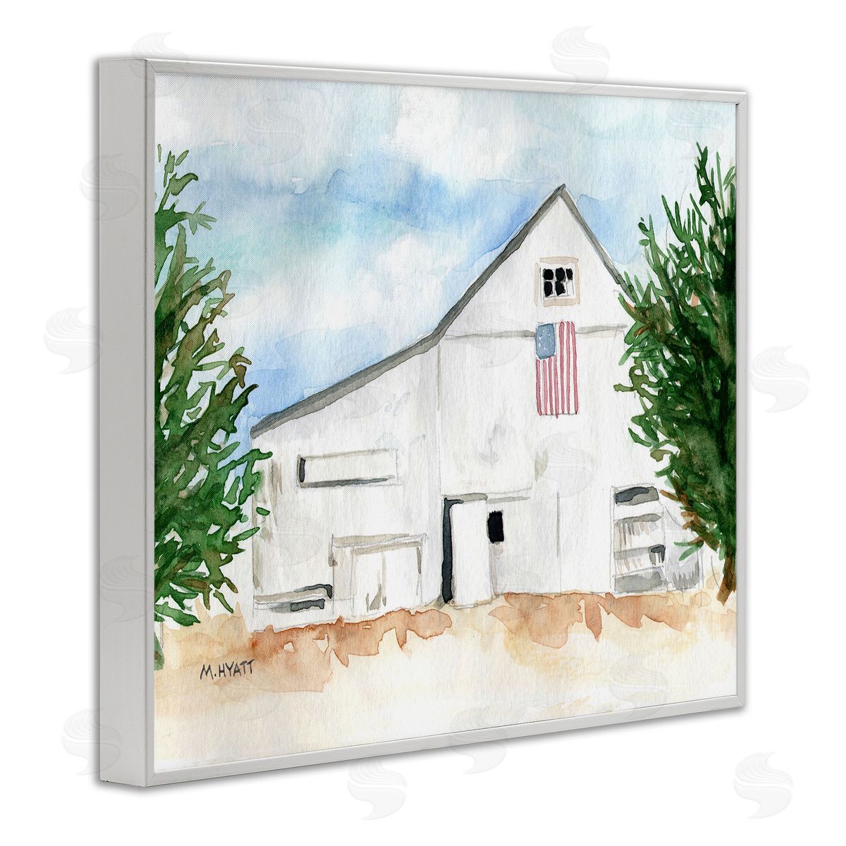 Melissa Hyatt American Barn Side Soft Blue Brown Watercolor White Framed Giclee Wall Art