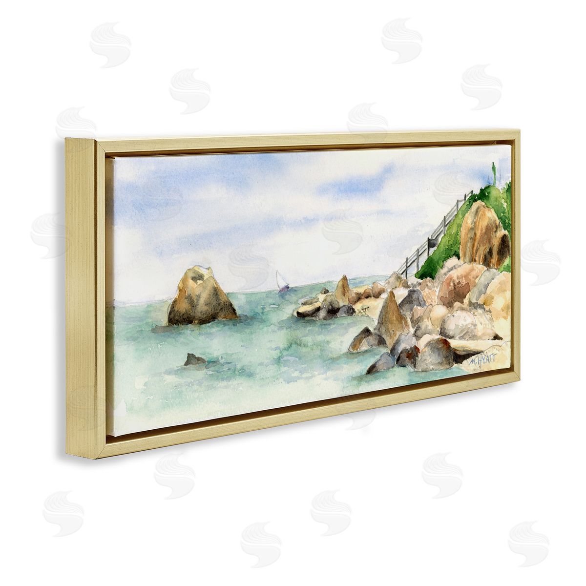 Melissa Hyatt Rocky Point Coastal Seascape Soft Watercolor Gold Floater Frame Canvas Art