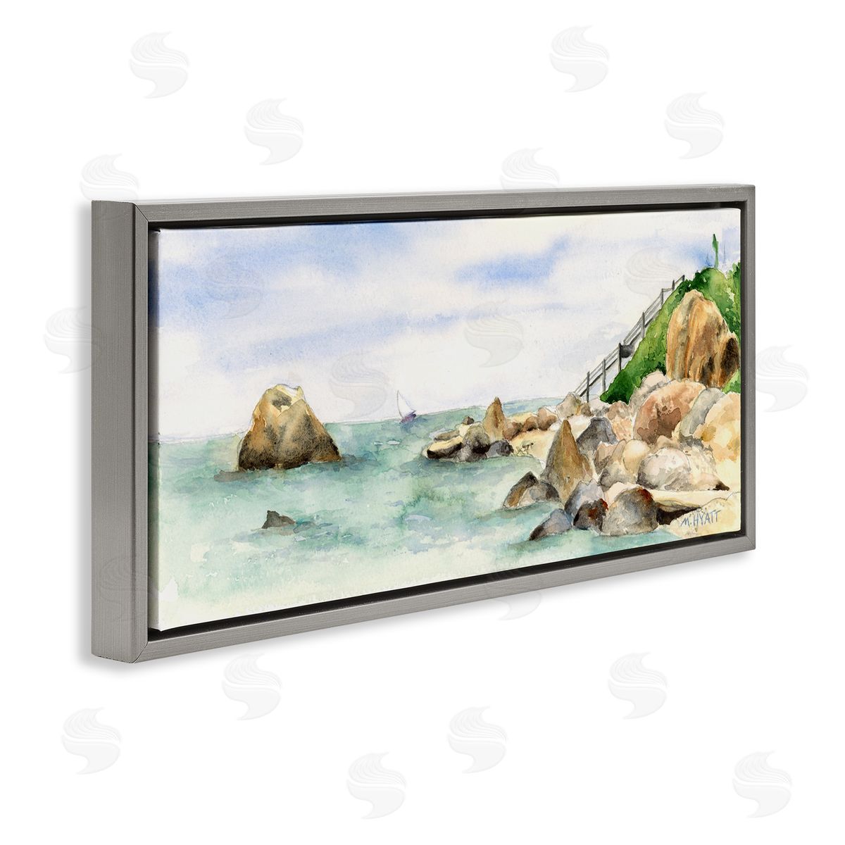 Melissa Hyatt Rocky Point Coastal Seascape Soft Watercolor Gray Floater Frame Canvas Art