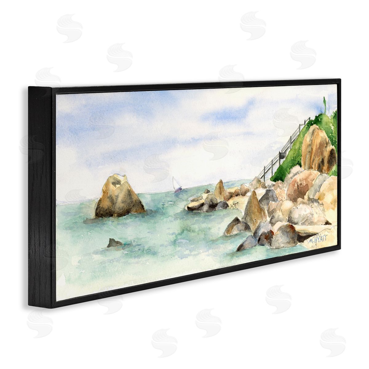 Melissa Hyatt Rocky Point Coastal Seascape Soft Watercolor Black Framed Giclee Wall Art