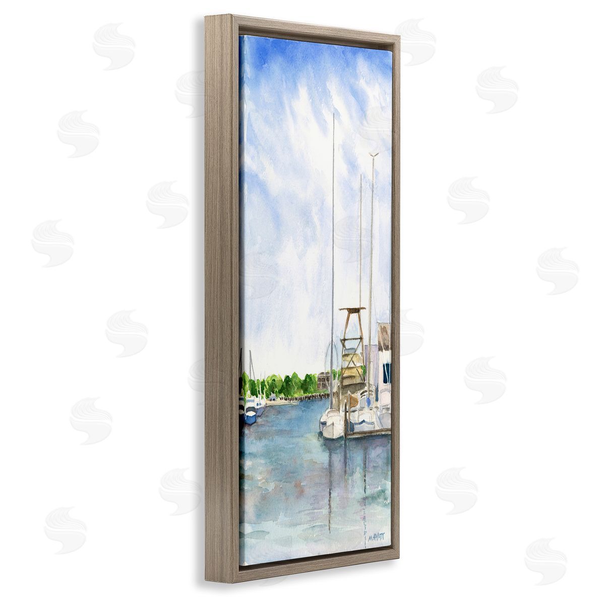 Melissa Hyatt Boats at Dock Summer Lakeside Landscape Brown Floater Frame Canvas Art