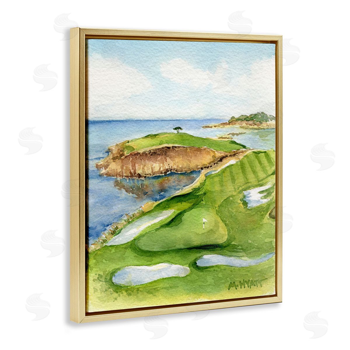 Melissa Hyatt Pebble Beach Cliffside Golf Course Soft Watercolor Gold Floater Frame Canvas Art