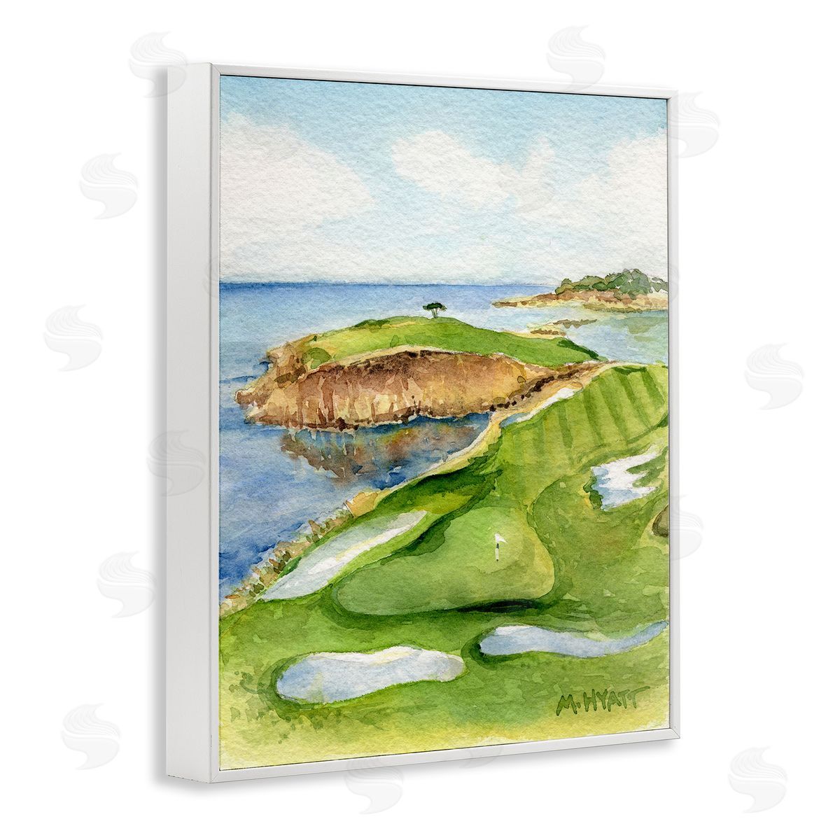 Melissa Hyatt Pebble Beach Cliffside Golf Course Soft Watercolor White Framed Giclee Wall Art