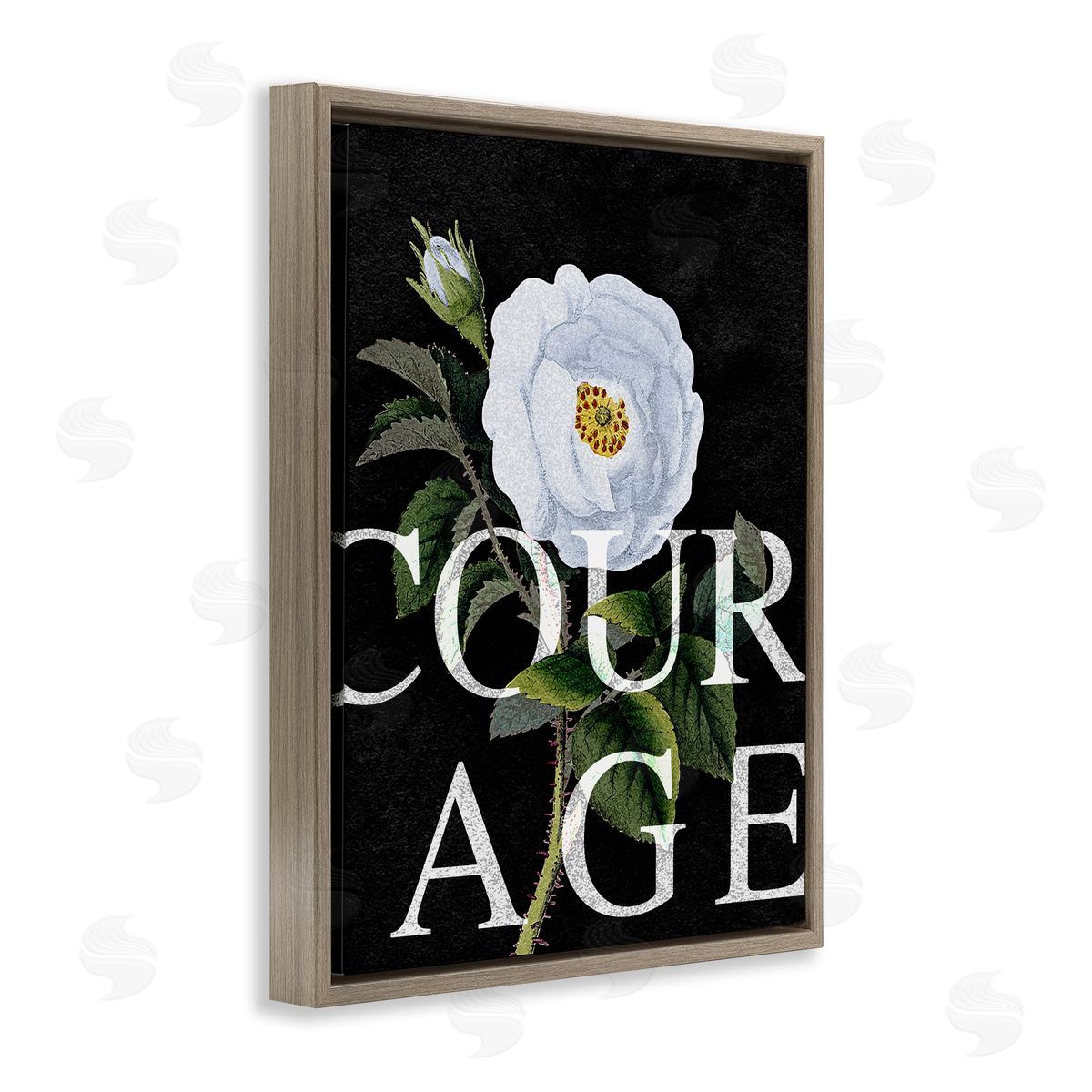 Stupell Studio Courage Text over Vintage White Rose Floral Brown Floater Frame Canvas Art