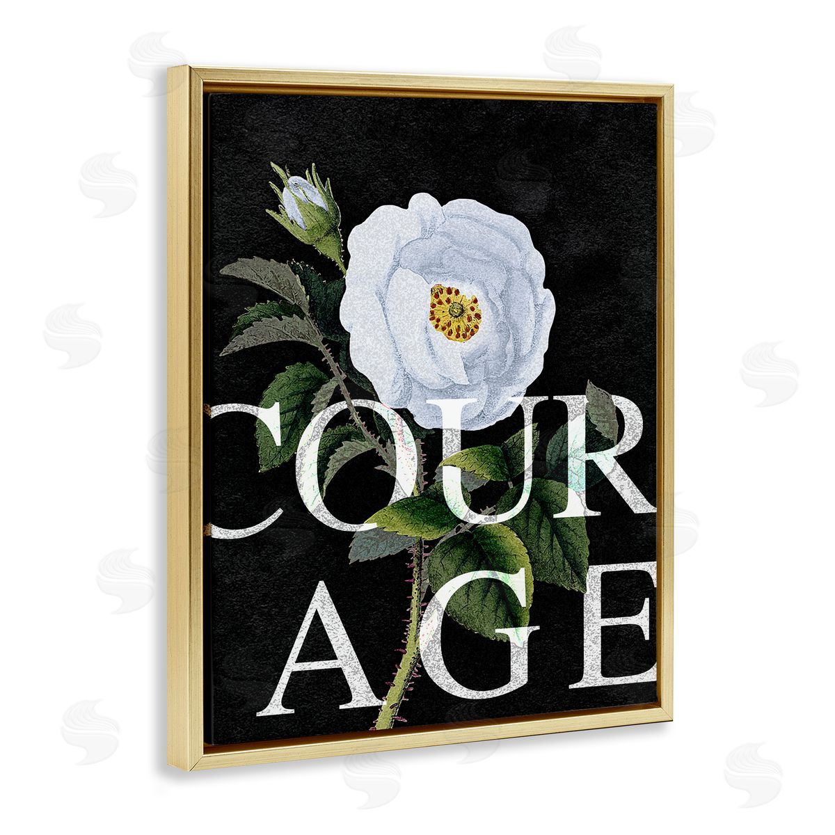 Stupell Studio Courage Text over Vintage White Rose Floral Gold Floater Frame Canvas Art